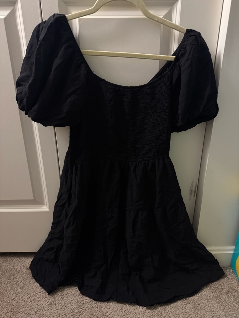 Black Puff Sleeve Smocked Waist Mini Dress